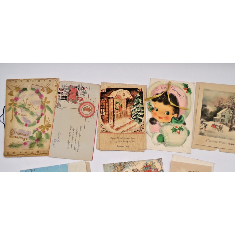 Vintage MCM Christmas Greeting Card Cute Girl Glitter Muff Happy New Year & more - Picture 4 of 16